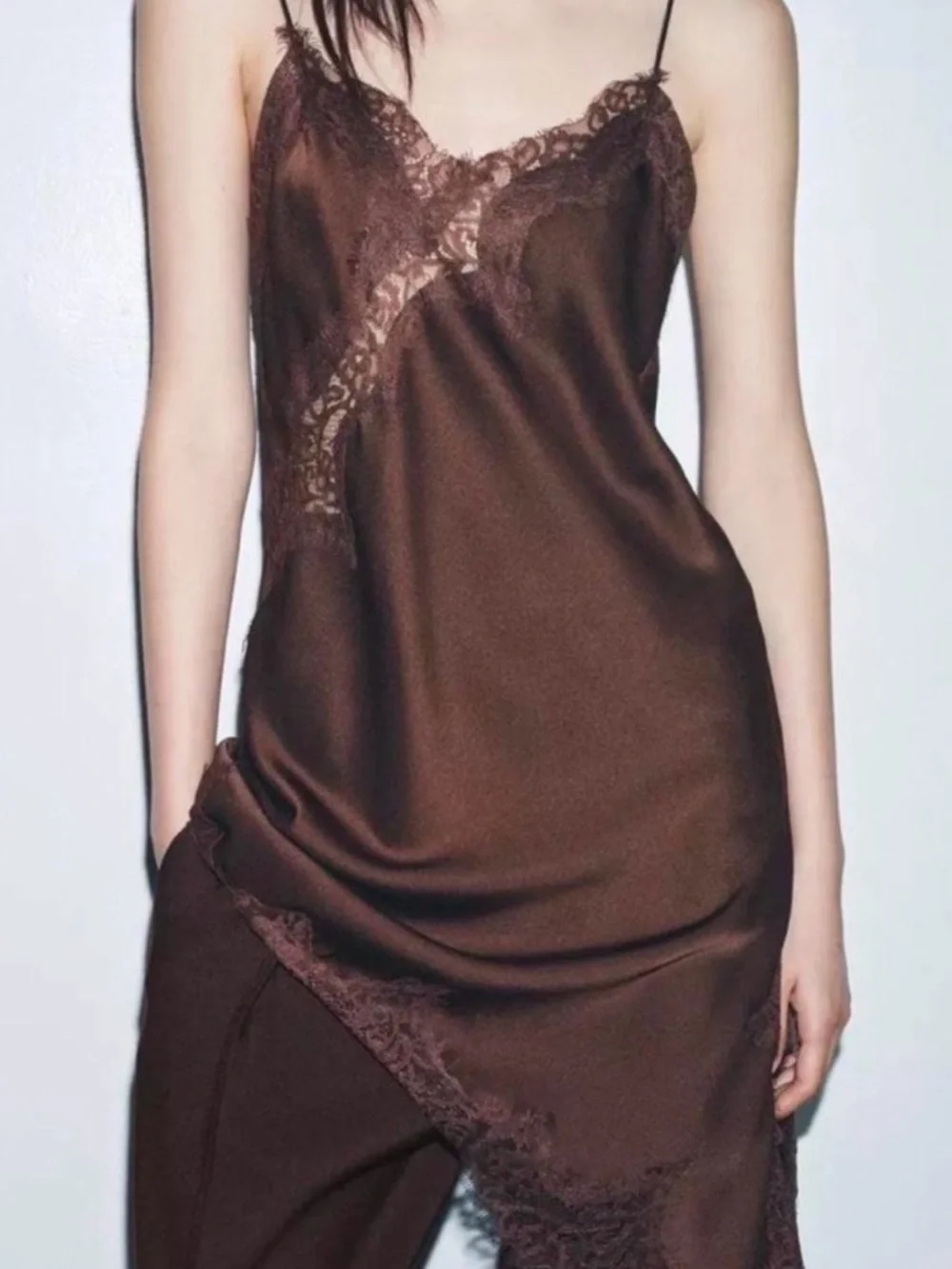 ZARA Satin Effect Chocolate Brown Lace Trim Asymmetric Slip Dress NWT - Picture 8 of 16